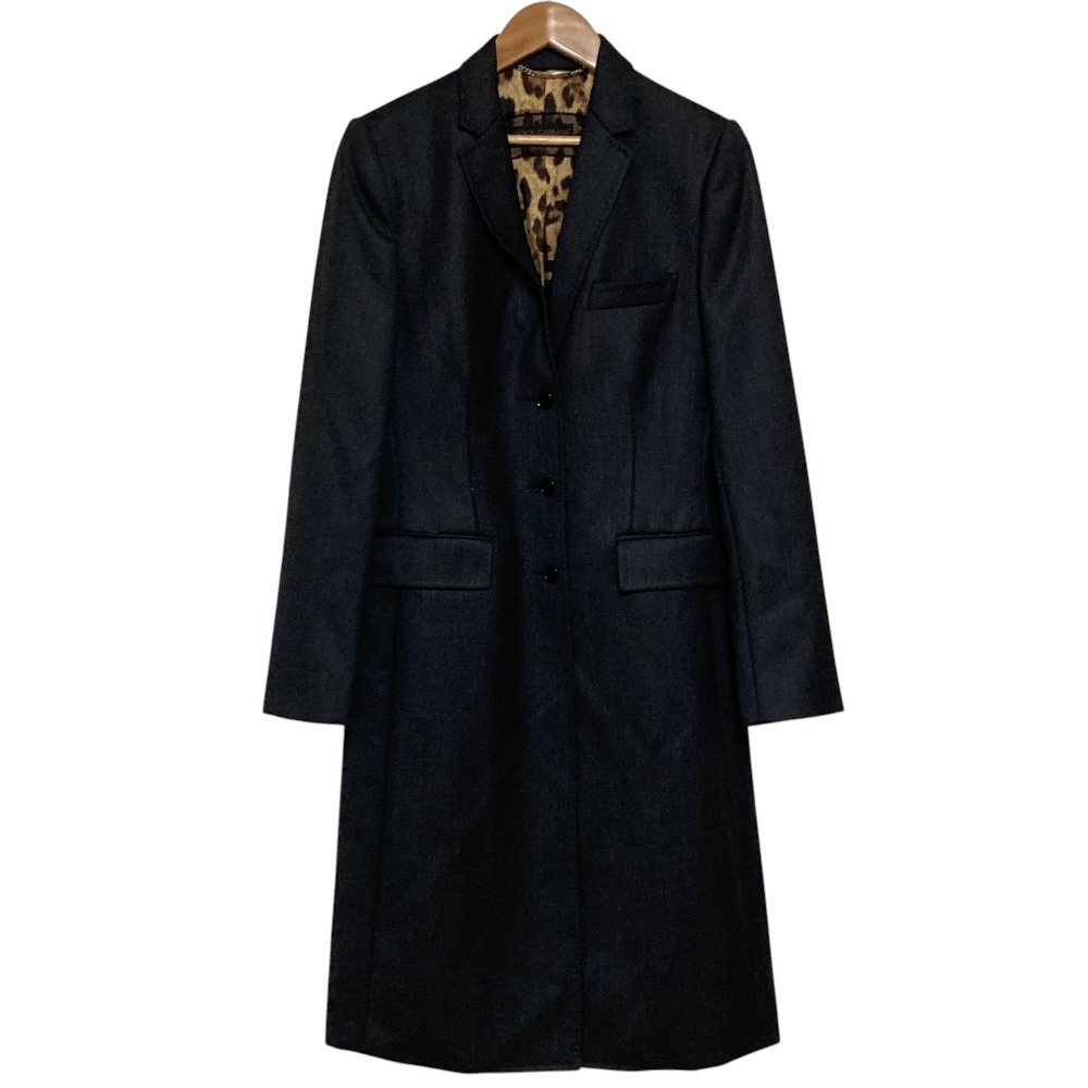 【中古】美品 DOLCE & GABBANA ドルチェ&ガッバーナ 裏地レオパード柄 ウールギャバジン チェスターコート サイズ40 ダークグレー レディース Luxs ブランド古着のリュクス|Luxs(ブランド古着のリュクス)