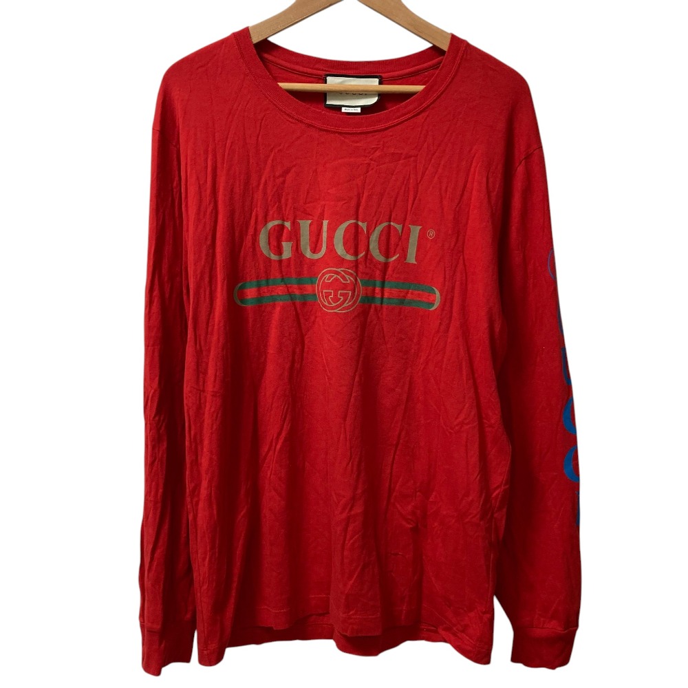 【中古】未使用 GUCCI グッチ クラシックロゴ ドラゴン刺繍 長袖 Tシャツ 476330 サイズL レッド メンズ Luxs ブランド古着のリュクス