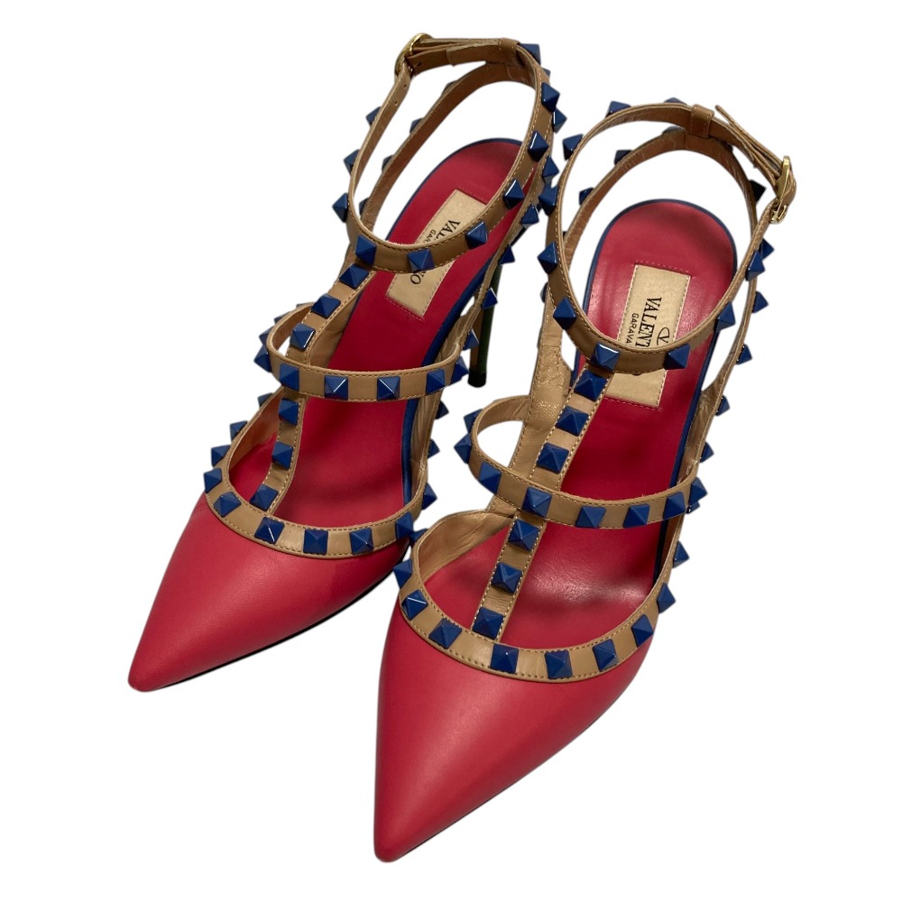 【中古】良品 VALENTINO GARAVANI ヴァレンティノガラヴァーニ ロックスタッズ ストラップパンプス サイズ37 約24cm ピンク ブルー レディース Luxs ブランド古着のリュクス
