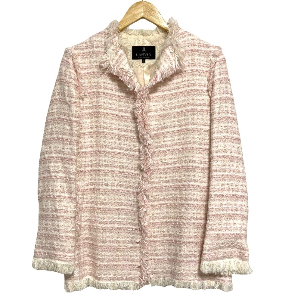 【中古】美品 LANVIN COLLECTION ランバンコレクション ラメツイード ノーカラーロングジャケット コート サイズ38 ピンク ホワイト レディース Luxs ブランド古着のリュクス|Luxs(ブランド古着のリュクス)