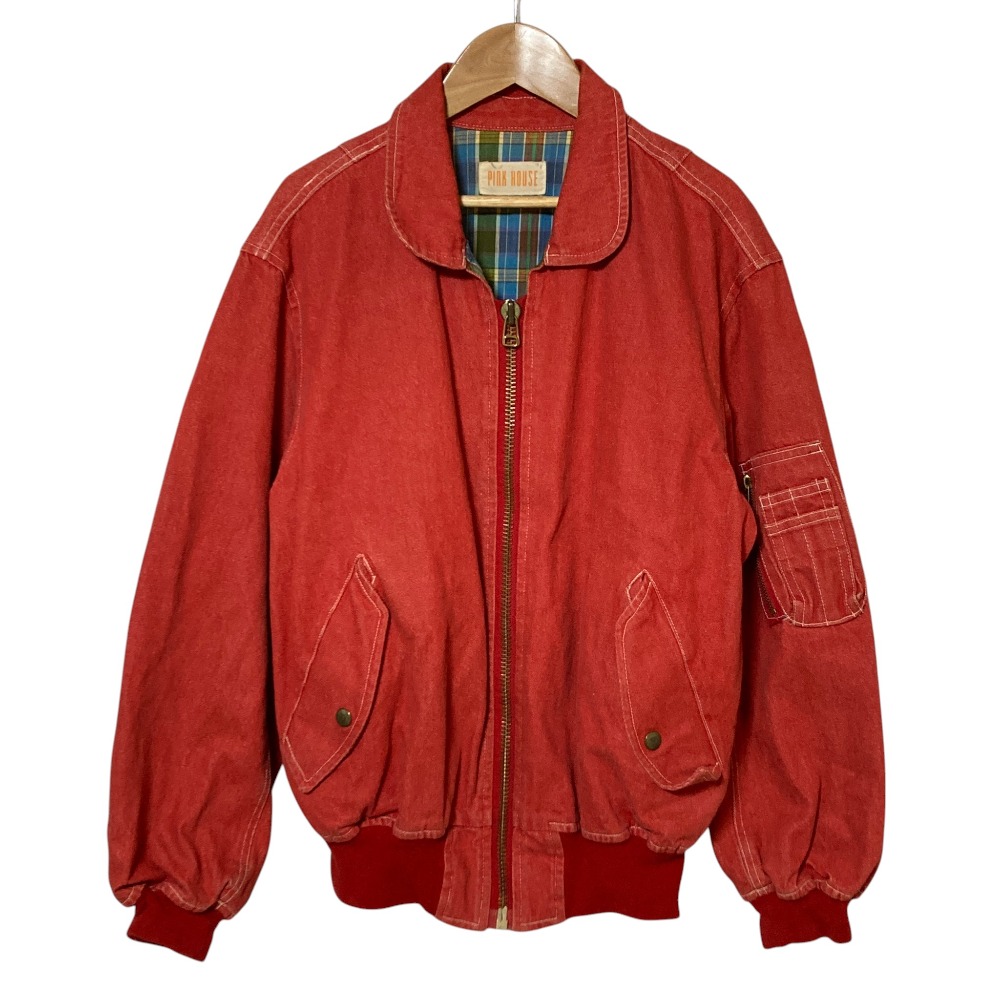 【中古】良品 PINK HOUSE ピンクハウス バックロゴ デニム MA-1 ボンバージャケット ブルゾン レッド レディース Luxs ブランド古着のリュクス