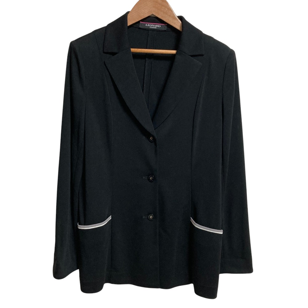 【中古】美品 LEONARD FASHION レオナールファッション カンカンストレッチ フラワープリントトリム テーラードジャケット サイズ42 ブラック レディース Luxs ブランド古着のリュクス