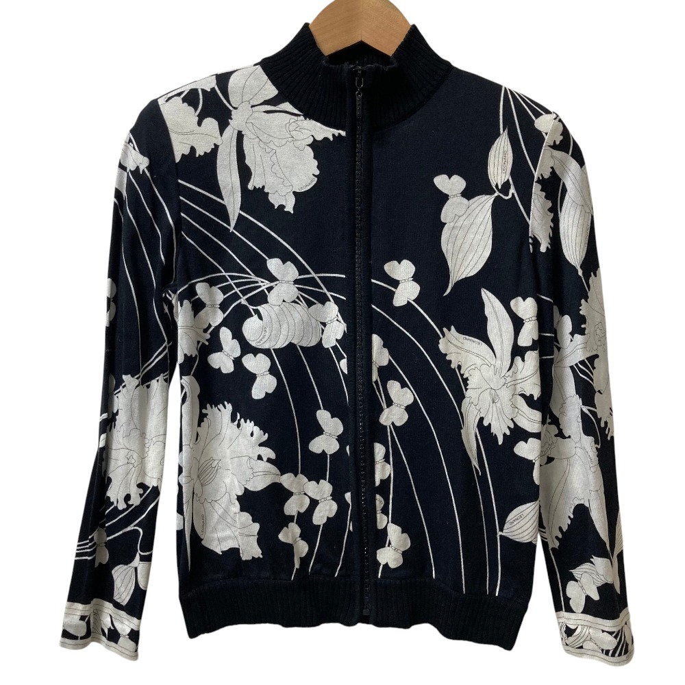 【中古】良品 LEONARD FASHION レオナールファッション フラワープリント 肩パッド付き ジップアップ ブルゾン サイズM ブラック ホワイト レディース Luxs ブランド古着のリュクス