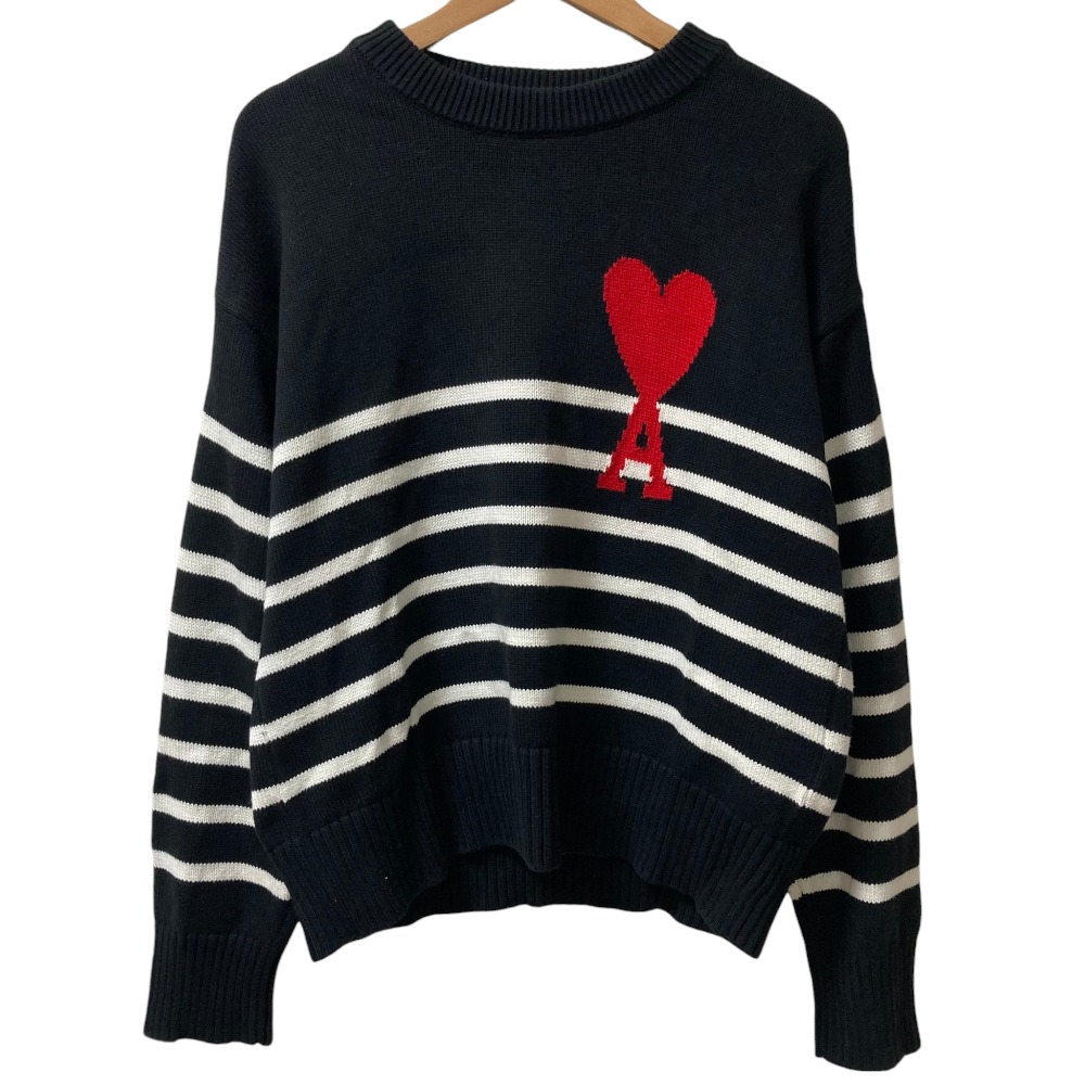 【中古】美品 AMI PARIS アミパリス ハート刺繍 ボーダー ニット セーター サイズM ブラック ホワイト レッド メンズ Luxs ブランド古着のリュクス