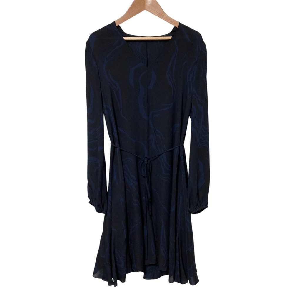 【中古】美品 Theory セオリー OIL SILK V NK GODET DR シルク ドレス ロングスリーブ ひざ丈 ワンピース サイズP ネイビー ブラック レディース Luxs ブランド古着のリュクス