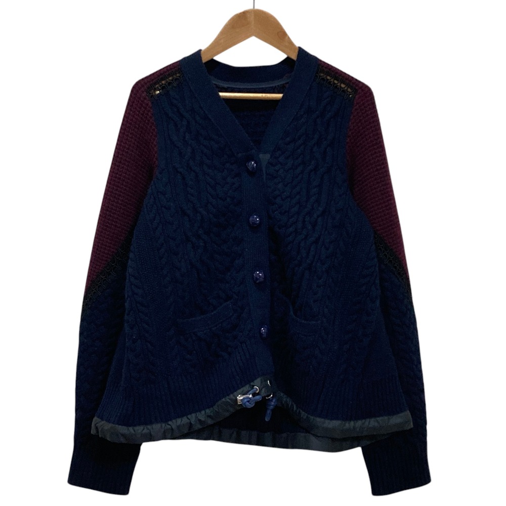 【中古】美品 sacai サカイ ドッキング ケーブルニット カーディガン 16-02784 サイズ1 ネイビー ボルドー レディース Luxs ブランド古着のリュクス｜Luxs（ブランド古着のリュクス）
