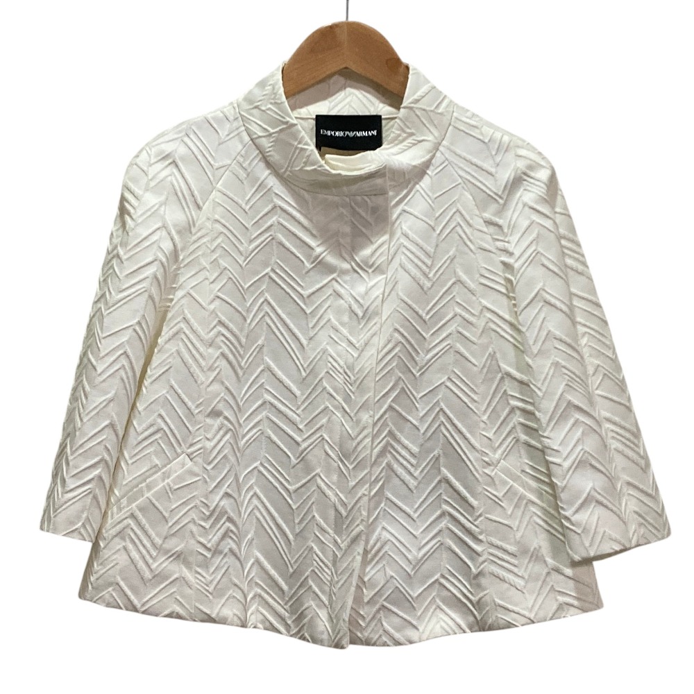 【中古】美品 EMPORIO ARMANI エンポリオアルマーニ ヘリンボーンジャガード ショートジャケット 1 ホワイト レディース Luxs ブランド古着のリュクス