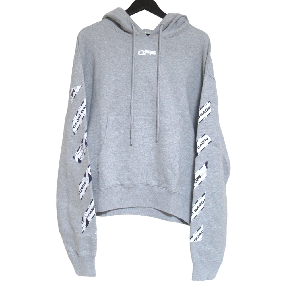 【中古】美品 Off-White オフホワイト AIRPORT TAPE OVER HOODIE プリント フーディー スウェットシャツ パーカー プルオーバー S グレー メンズ Luxs ブランド古着のリュクス
