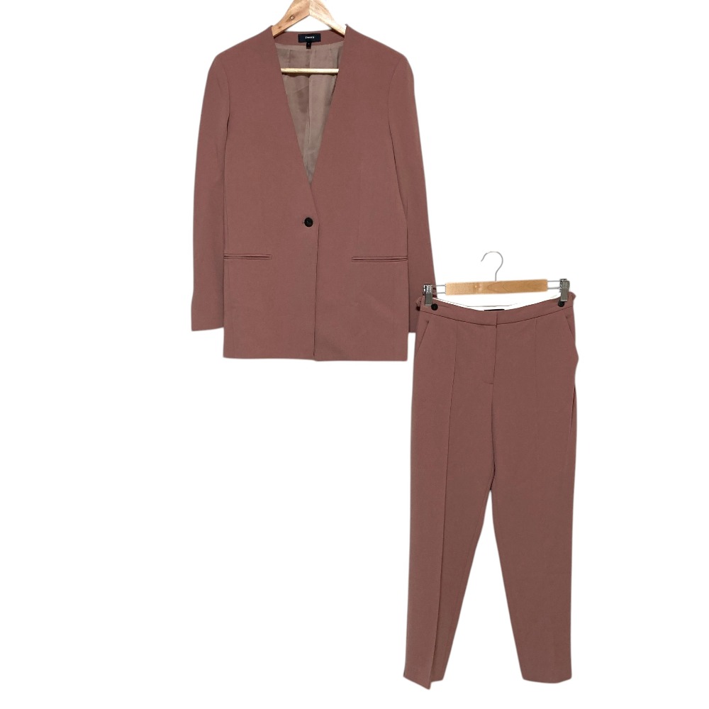 【中古】美品 Theory セオリー ADMIRAL CREPE ノーカラージャケット スラックス セットアップ サイズ0/00 ピンクベージュ レディース Luxs ブランド古着のリュクス