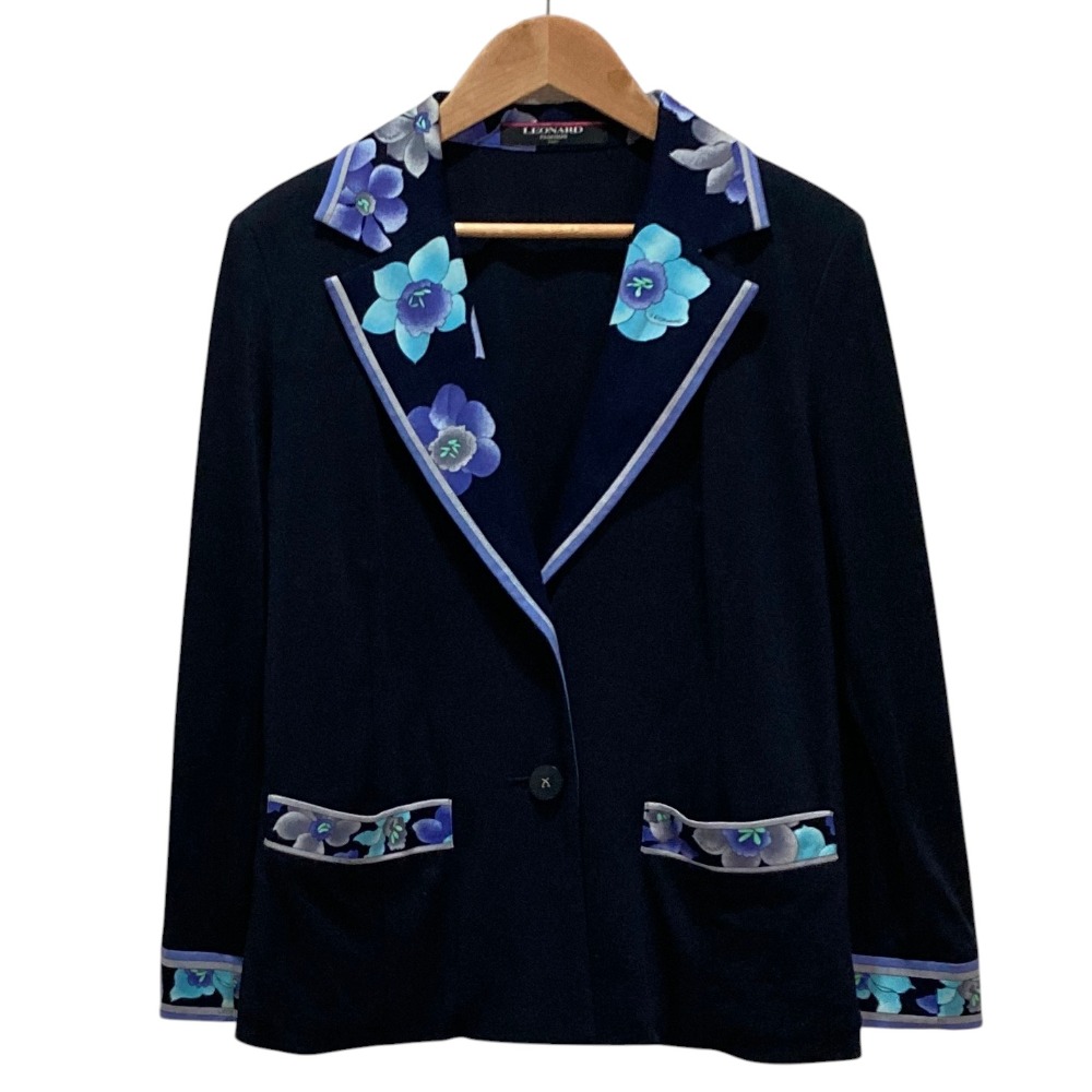 【中古】良品 LEONARD FASHION レオナールファッション カンカン素材 フラワートリム シングルジャケット L ダークネイビー レディース Luxs ブランド古着のリュクス