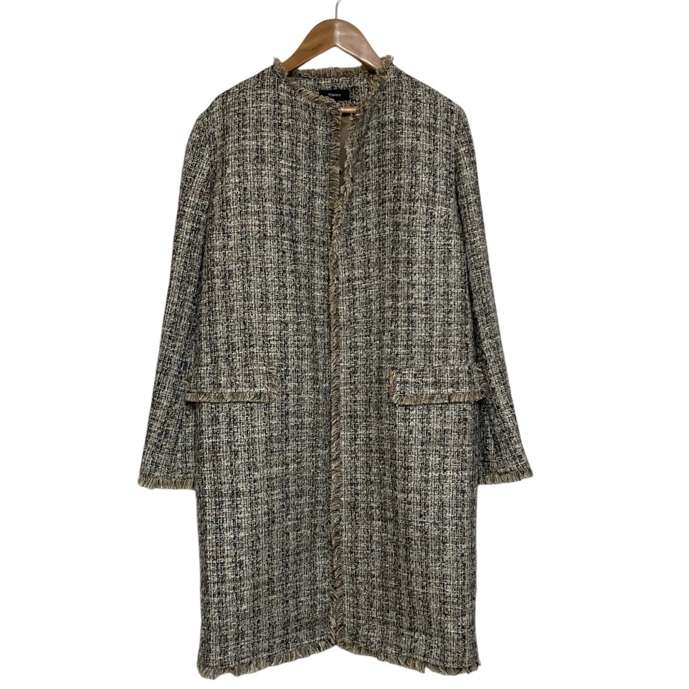 【中古】良品 Theory セオリー BEVERLY TWEED ツイード ノーカラーコート サイズP ブラウン ブラック ホワイト レディース Luxs ブランド古着のリュクス｜Luxs（ブランド古着のリュクス）
