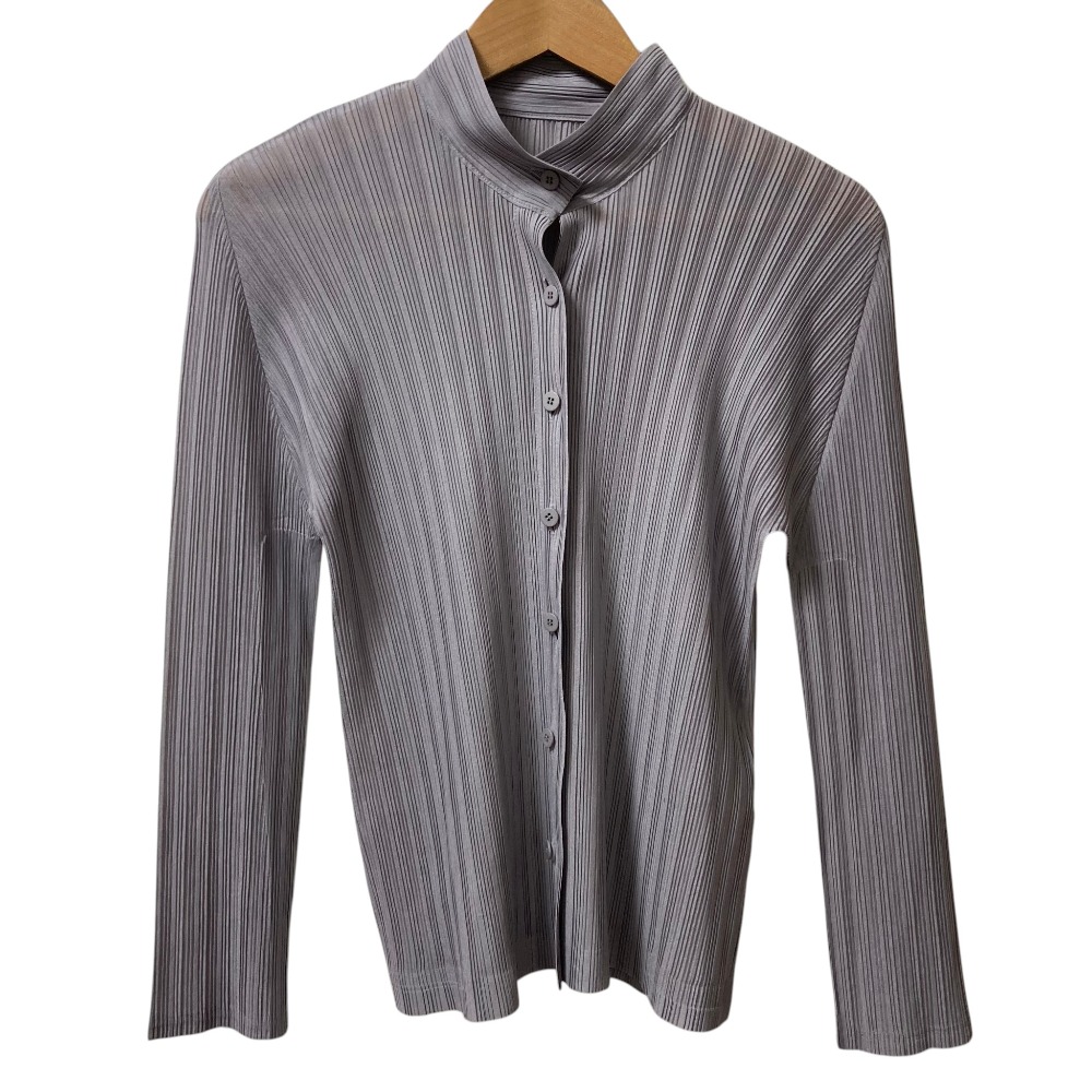 【中古】美品 PLEATS PLEASE ISSEY MIYAKE プリーツプリーズ イッセイミヤケ シャツジャケット PP61-FJ351 サイズ3 グレー レディース Luxs ブランド古着のリュクス