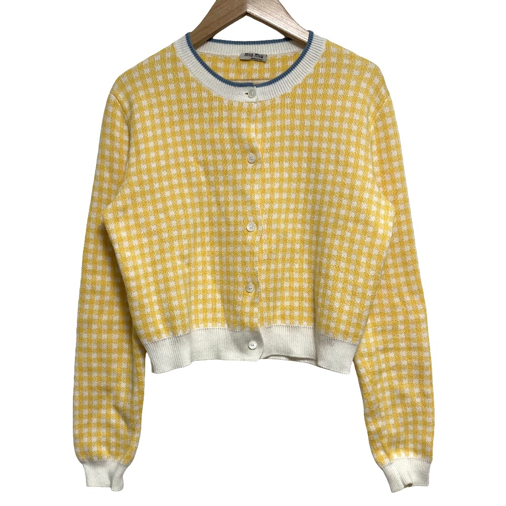 【中古】美品 MIUMIU ミュウミュウ ギンガムチェック ニット カーディガン サイズ38 イエロー ホワイト レディース Luxs ブランド古着のリュクス｜Luxs（ブランド古着のリュクス）