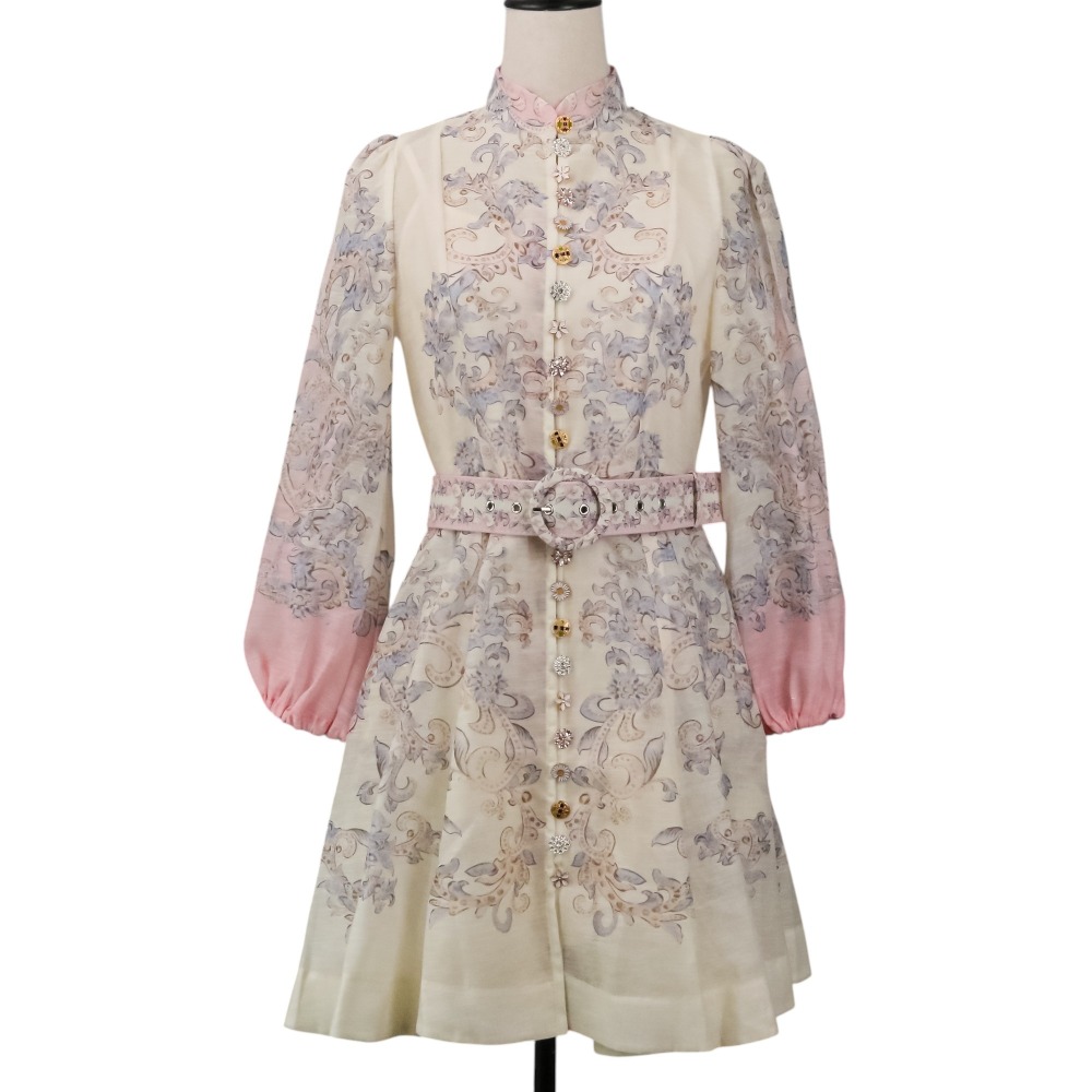 【中古】未使用 Miss Rosier ミスロジア フラワープリント ビジューボタン 長袖 膝丈 シャツドレス ワンピース S ピンク レディース Luxs ブランド古着のリュクス｜Luxs（ブランド古着のリュクス）