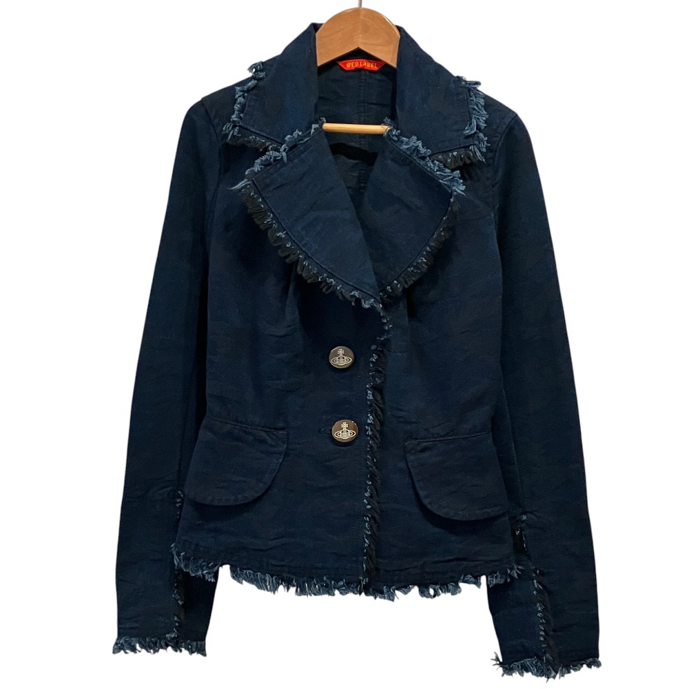 【中古】美品 Vivienne Westwood RED LABEL オーブロゴボタン ジャカードデニムフリンジジャケット 2 インディゴブルー レディース Luxs ブランド古着のリュクス