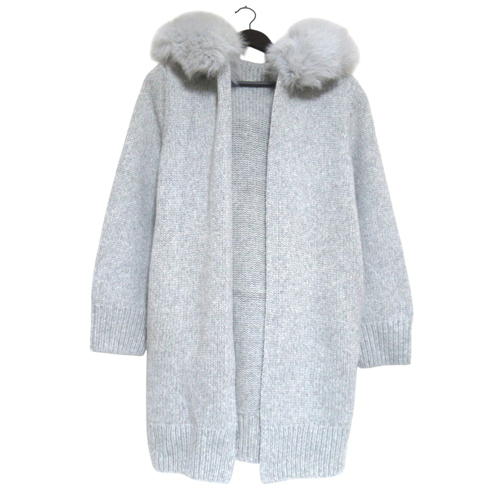 【中古】新品同様 FOXEY BOUTIQUE フォクシーブティック Knit Coat FOX SOLEIL フォックスファー フーディー カシミヤ ニット コート 38516 F 灰 レディース Luxs ブランド古着のリュクス｜Luxs（ブランド古着のリュクス）