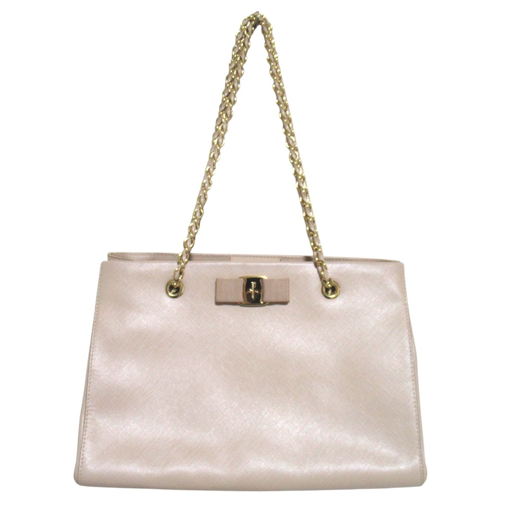 【中古】美品 Salvatore Ferragamo サルヴァトーレフェラガモ ヴァラリボン チェーン トートバッグ ショルダーバッグ ベージュ×ゴールド金具 レディース Luxs ブランド古着のリュクス|Luxs(ブランド古着のリュクス)