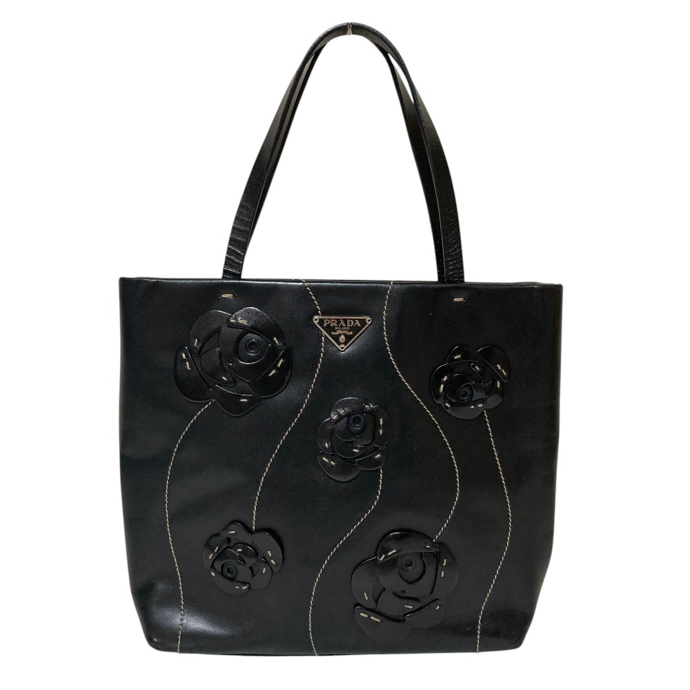 【中古】美品 PRADA プラダ トライアングルロゴプレート フラワーモチーフ レザー ハンドバッグ B11285 ブラック レディース Luxs ブランド古着のリュクス｜Luxs（ブランド古着のリュクス）