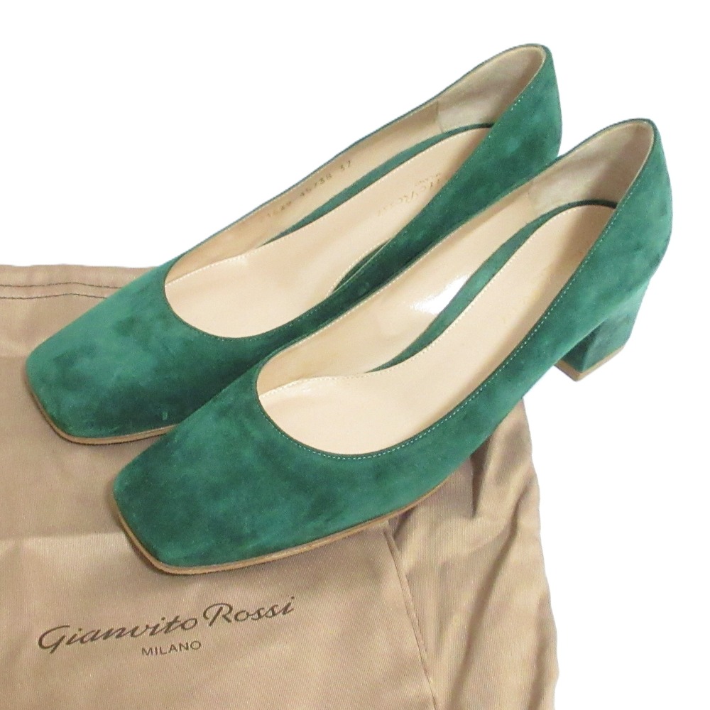 【中古】未使用 Gianvito Rossi ジャンヴィトロッシ スエードレザー スクエアトゥ チャンキーヒール パンプス 37 23.5cm相当 グリーン レディース Luxs ブランド古着のリュクス|Luxs(ブランド古着のリュクス)