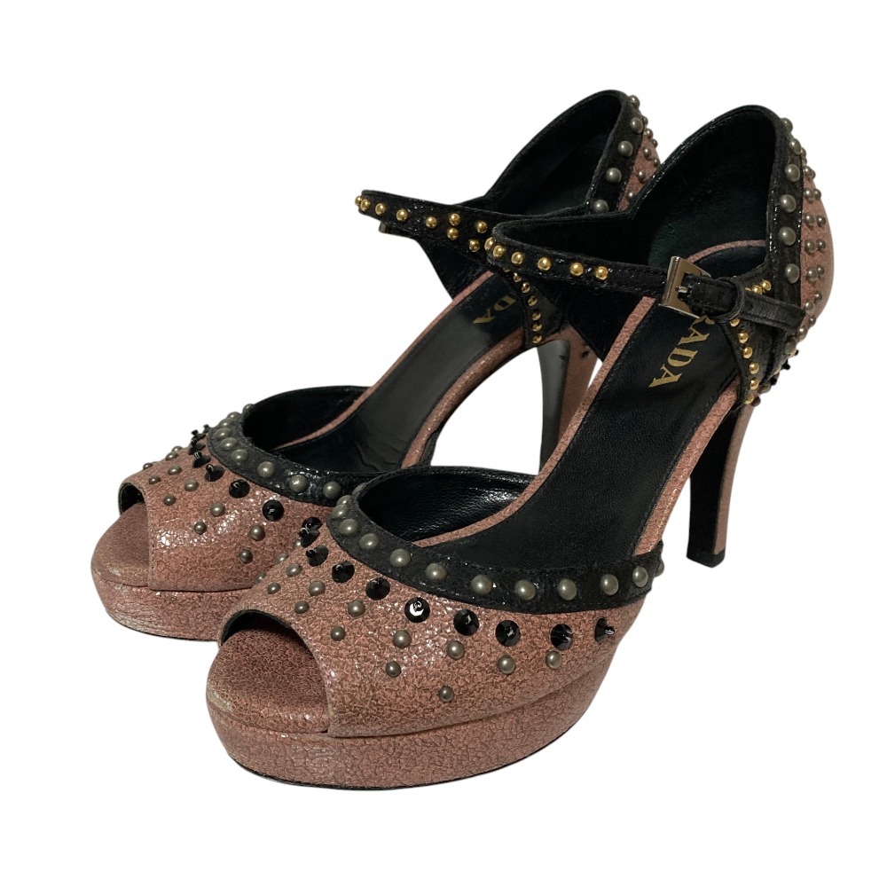 【中古】良品 PRADA プラダ クラックレザー アンクルストラップ スタッズパンプス 35 22cm相当 ピンク レディース Luxs ブランド古着のリュクス|Luxs(ブランド古着のリュクス)