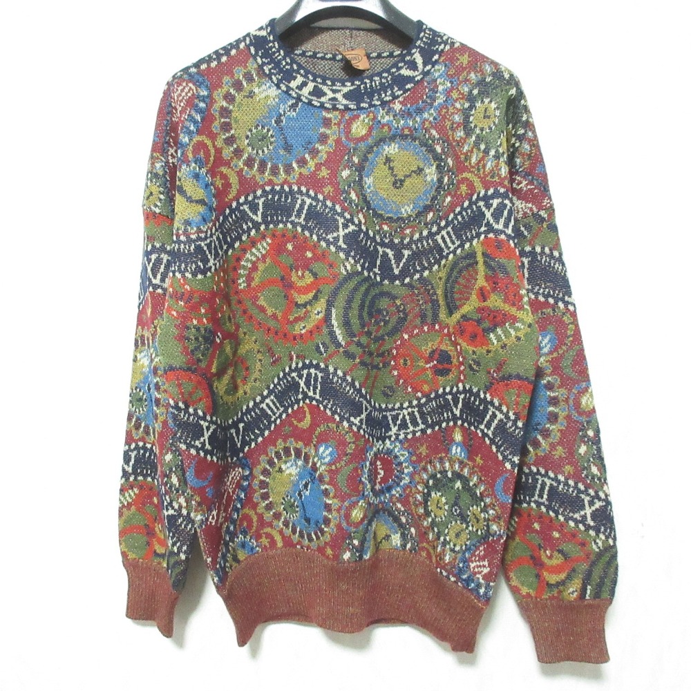 【中古】美品 MISSONI ミッソーニ クロック柄 モヘアブレンド ウール ニット セーター 48 レッド カーキ メンズ Luxs ブランド古着のリュクス|Luxs(ブランド古着のリュクス)