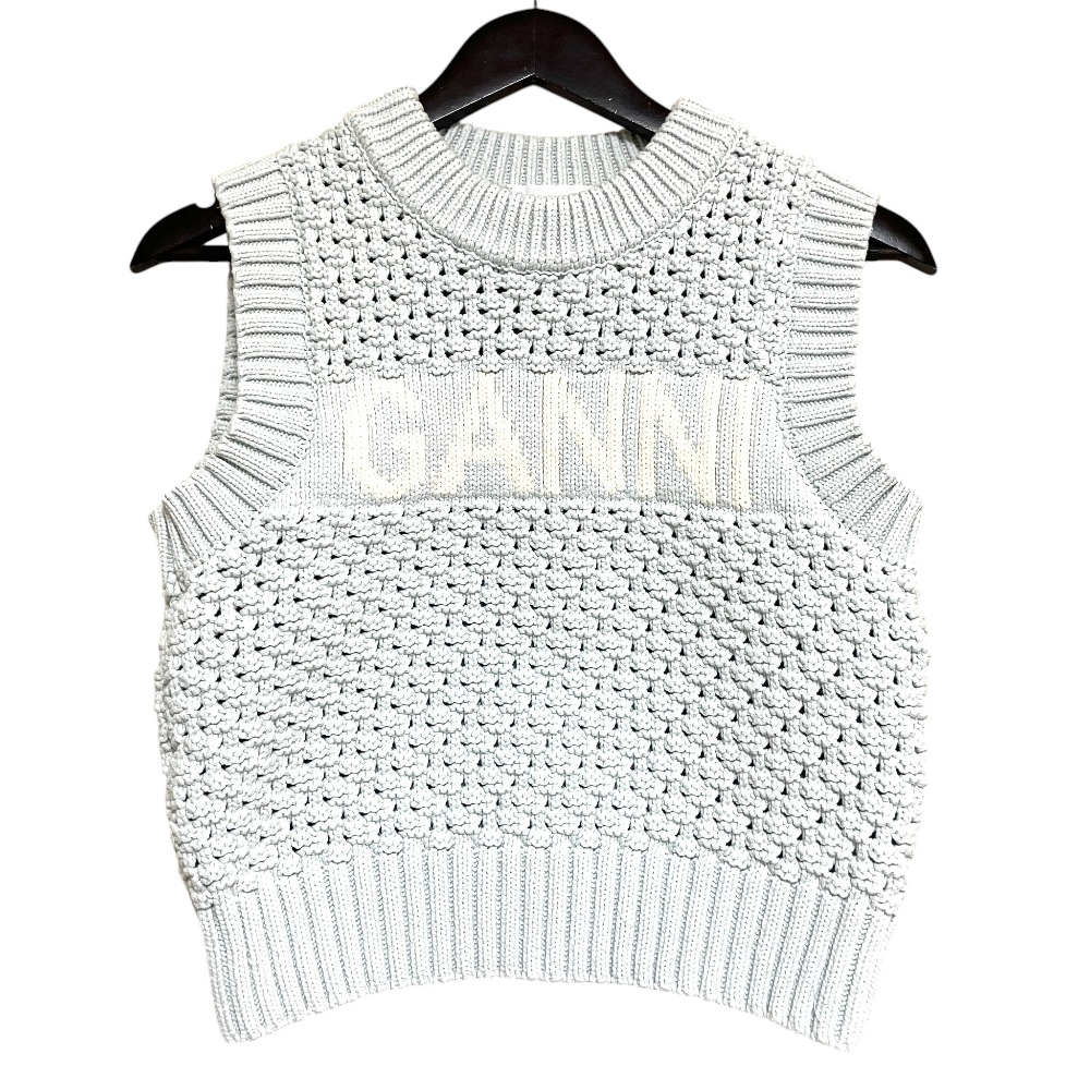 【中古】美品 25SS GANNI ガニー Textured Cotton Pointelle Vest ロゴ ニットベスト K2348 Sサイズ ライトブルー レディース Luxs ブランド古着のリュクス｜Luxs（ブランド古着のリュクス）