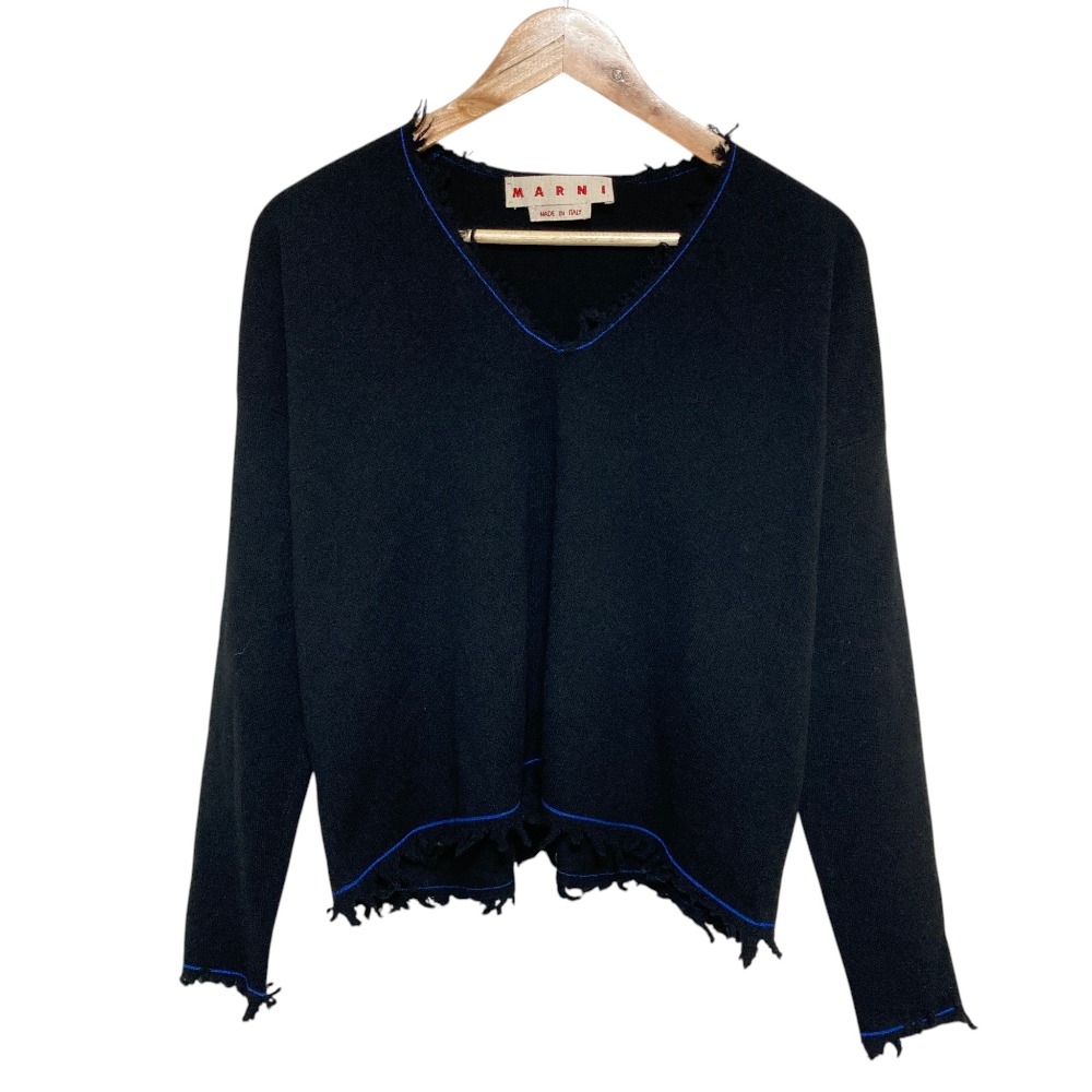【中古】美品 MARNI マルニ フリンジ Vネック カシミヤニット CVMD0056Q0 サイズ38 ブラック ブルー レディース Luxs ブランド古着のリュクス｜Luxs（ブランド古着のリュクス）