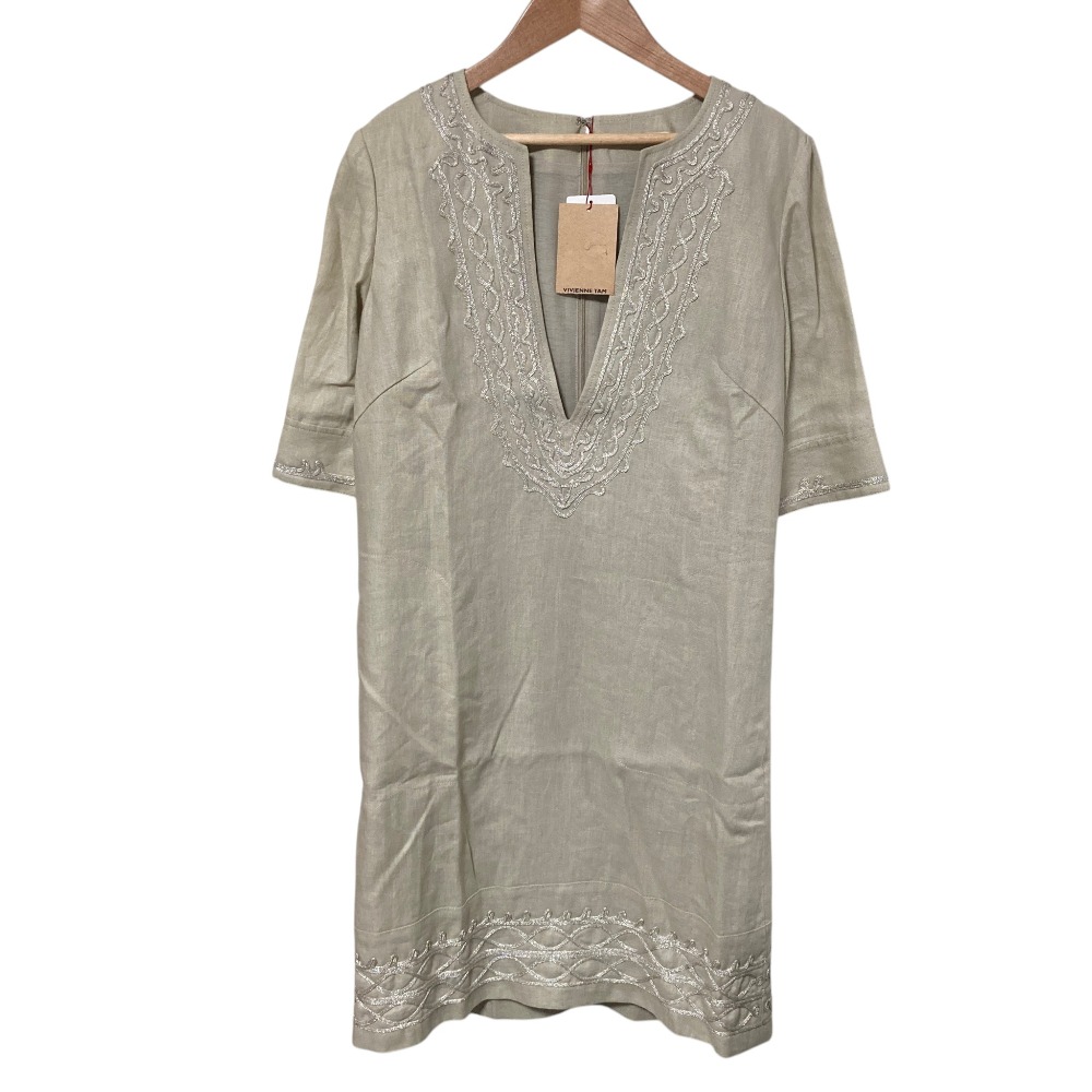 【中古】未使用 VIVIENNE TAM ヴィヴィアンタム Vネック リネンドレス ワンピース サイズ0 ベージュ レディース Luxs ブランド古着のリュクス|Luxs(ブランド古着のリュクス)