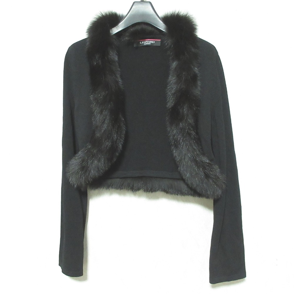 【中古】美品 LEONARD FASHION レオナールファッション フォックスファー ラインストーン クロップドカーディガン 0327767 サイズ36 ブラック レディース Luxs ブランド古着のリュクス|Luxs(ブランド古着のリュクス)