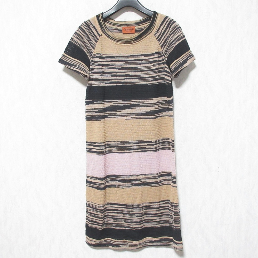 【中古】美品 MISSONI ミッソーニ マルチボーダー ストレッチ ワンピース 159715 40 ベージュ ブラック ピンク レディース Luxs ブランド古着のリュクス|Luxs(ブランド古着のリュクス)
