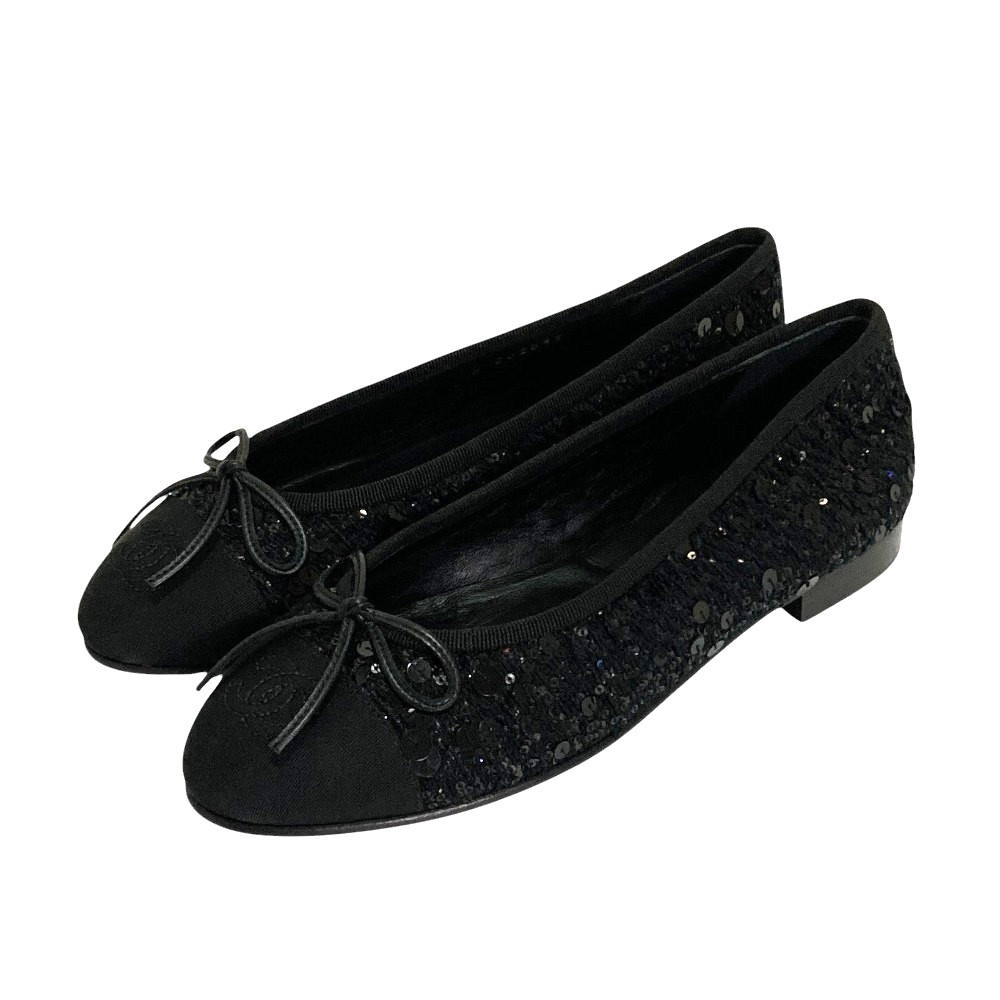 【中古】未使用 CHANEL シャネル ココマーク スパンコール バレリーナ フラットパンプス G02819 サイズ35.5C 22.5cm程度 ブラック レディース Luxs ブランド古着のリュクス｜Luxs（ブランド古着のリュクス）