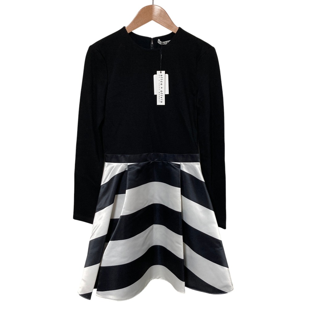 【中古】未使用 alice+olivia アリスアンドオリビア ストレッチ ボーダー切替 ロングスリーブ ワンピース サイズ0 ブラック レディース Luxs ブランド古着のリュクス|Luxs(ブランド古着のリュクス)
