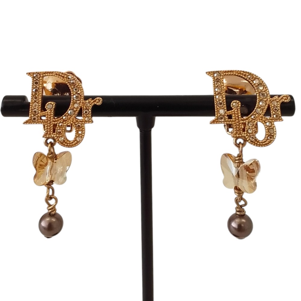 【中古】美品 Christian Dior クリスチャンディオール ラインストーンロゴ バタフライ パール スウィング イヤリング GP ゴールドカラー レディース Luxs ブランド古着のリュクス|Luxs(ブランド古着のリュクス)