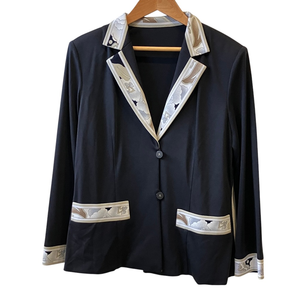 【中古】美品 LEONARD FASHION レオナールファッション フラワープリントトリム カンカンストレッチ テーラードジャケット L ネイビー レディース Luxs ブランド古着のリュクス|Luxs(ブランド古着のリュクス)