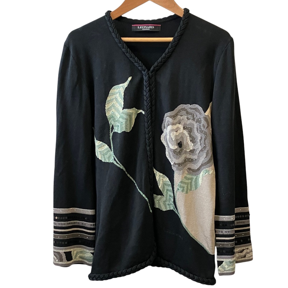 【中古】美品 LEONARD FASHION レオナールファッション ラインストーン シルクコットン フラワージャガード ニットカーディガン L ブラック レディース Luxs ブランド古着のリュクス|Luxs(ブランド古着のリュクス)