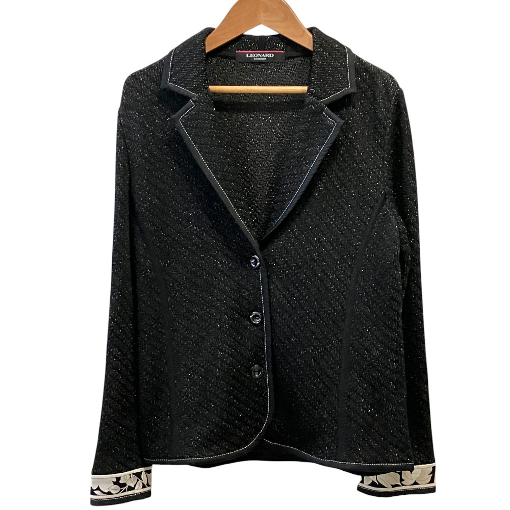 【中古】美品 LEONARD FASHION レオナールファッション フラワープリントトリム シルク ラメニット テーラードジャケット M ブラック レディース Luxs ブランド古着のリュクス｜Luxs（ブランド古着のリュクス）