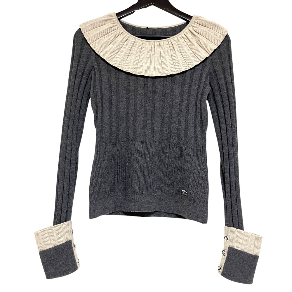 【中古】美品 CHANEL シャネル 07A フリルカラー 長袖 ウール ワイドリブニット P31465K00494 グレー&times;ベージュ レディース Luxs ブランド古着のリュクス｜Luxs（ブランド古着のリュクス）