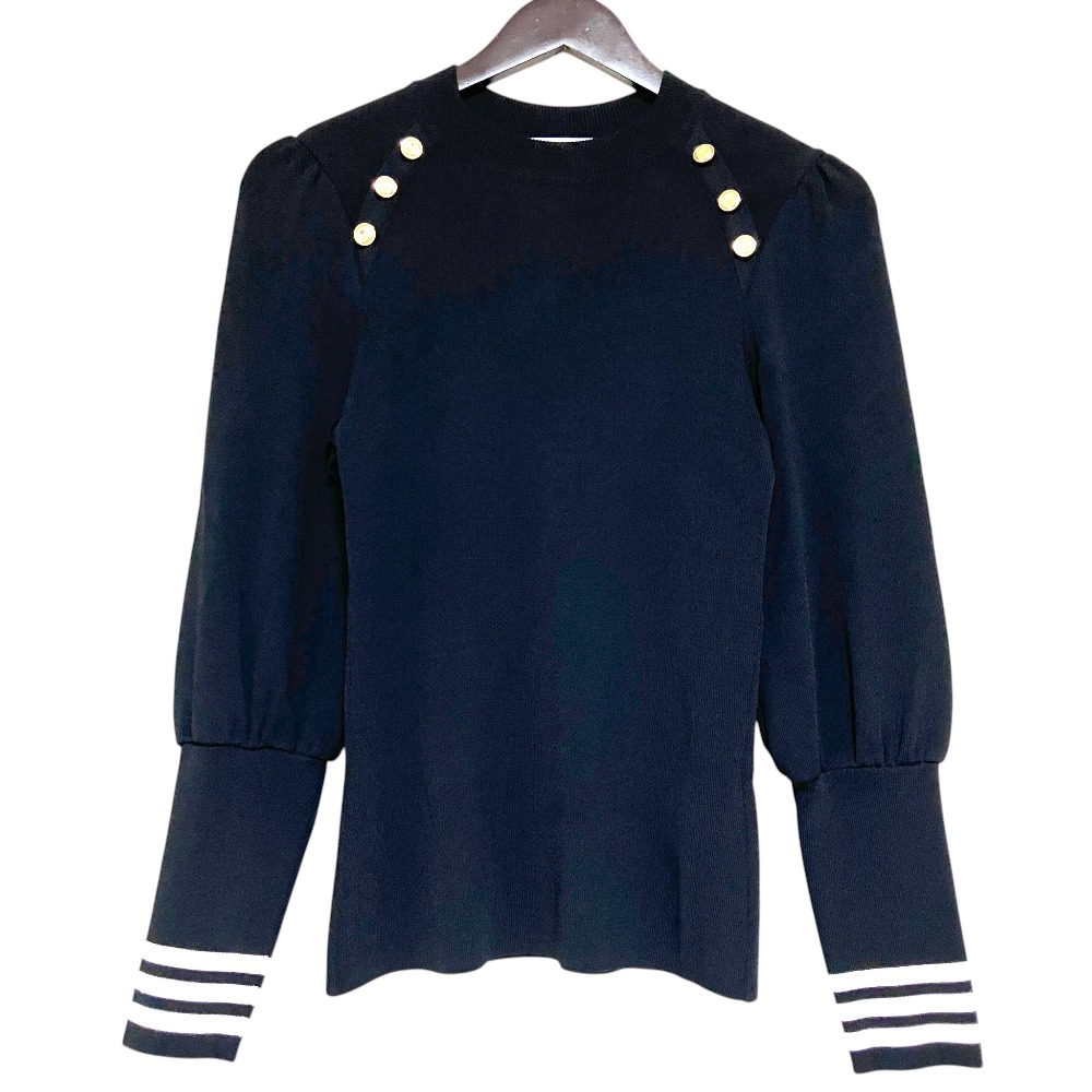【中古】美品 BORDERS at BALCONY ボーダーズアットバルコニー JULIET SHOULDER TOP ニット セーター サイズ36 ネイビー レディース Luxs ブランド古着のリュクス｜Luxs（ブランド古着のリュクス）