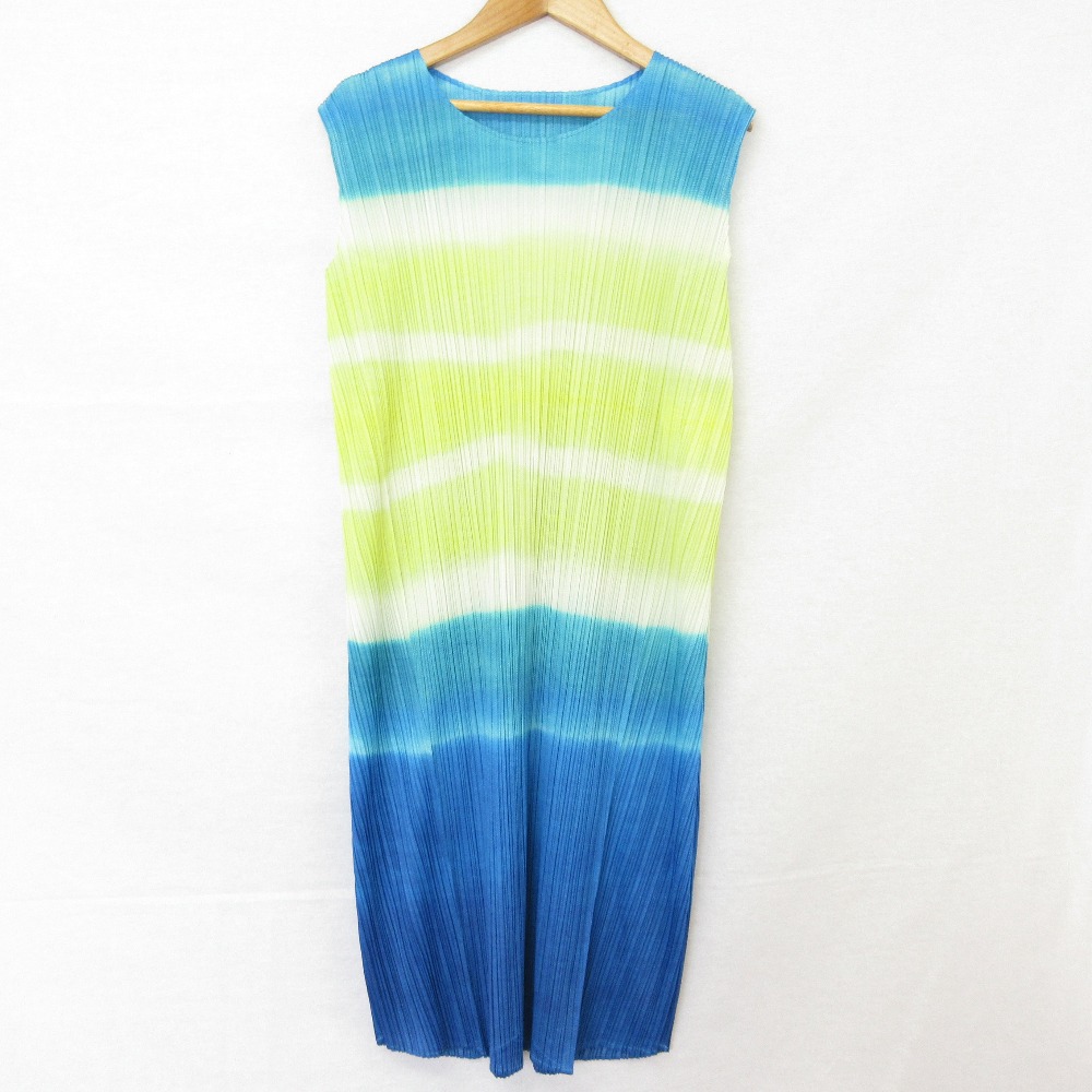 【中古】未使用 PLEATS PLEASE ISSEY MIYAKE プリーツプリーズ イッセイミヤケ ノースリーブワンピース PP73-JH765 サイズ3 ブルー イエロー レディース Luxs ブランド古着のリュクス｜Luxs（ブランド古着のリュクス）