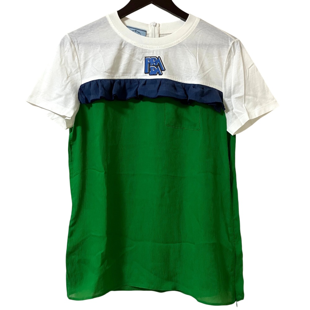 【中古】美品 PRADA プラダ 2018年モデル 楊柳ドッキング ラバーロゴワッペン 半袖Tシャツ カットソー Mサイズ ホワイト グリーン レディース Luxs ブランド古着のリュクス|Luxs(ブランド古着のリュクス)