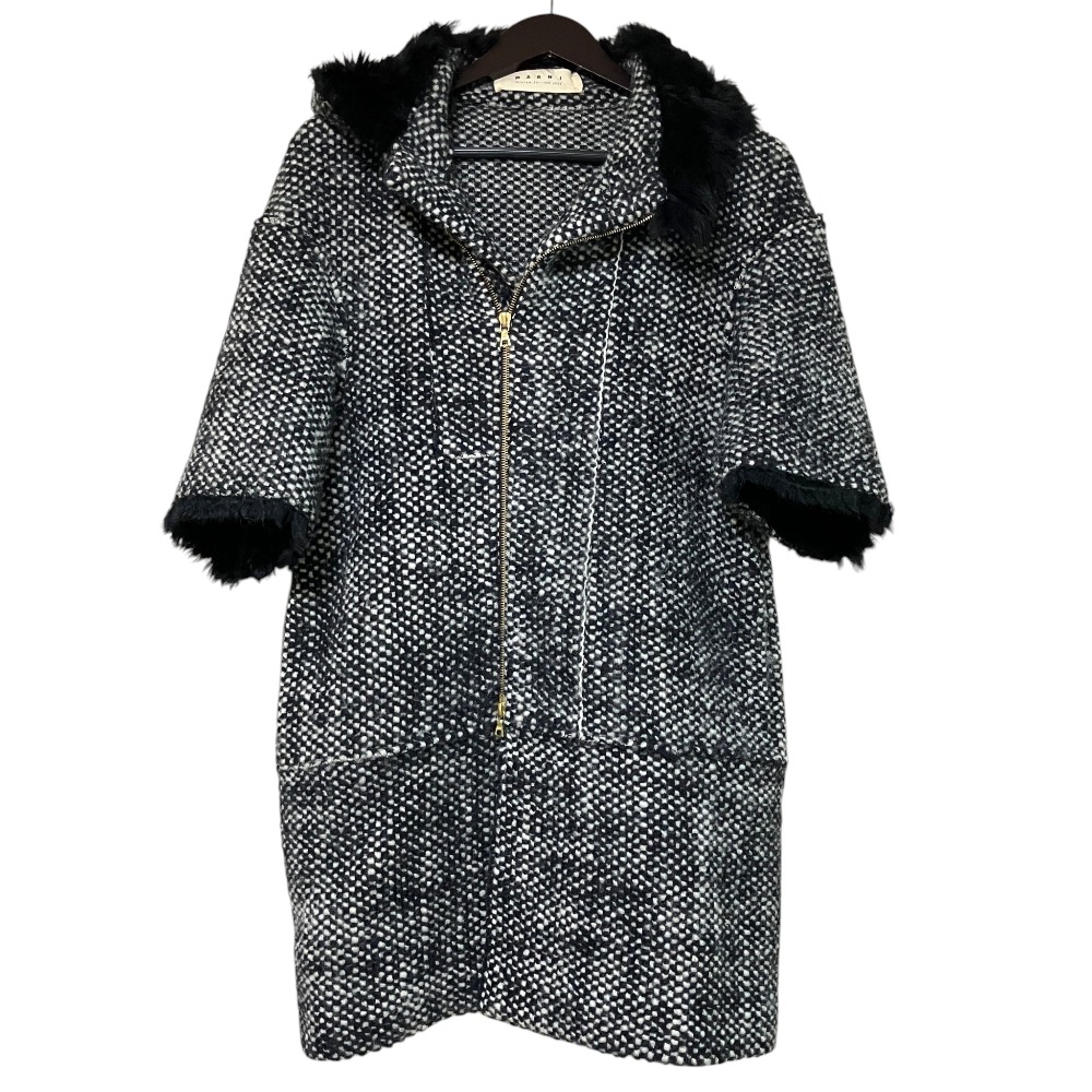 【中古】良品 MARNI マルニ ムートン切替 ショートスリーブ フーデッド ツイードコート サイズ40 ブラック&times;ホワイト レディース Luxs ブランド古着のリュクス｜Luxs（ブランド古着のリュクス）