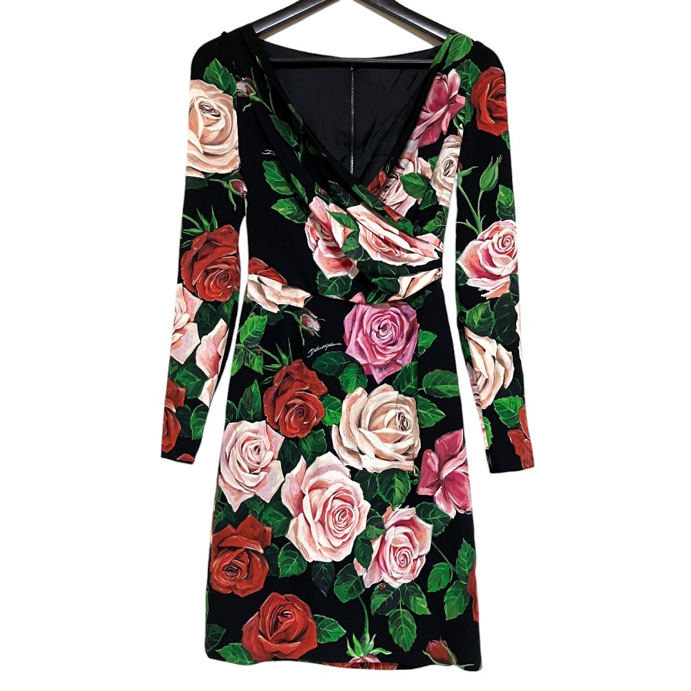 【中古】美品 DOLCE&GABBANA ドルチェアンドガッバーナ ローズプリント シルク カシュクール ドレープドレス ワンピース F6D3OT/FSAX7 36 黒 レディース Luxs ブランド古着のリュクス｜Luxs（ブランド古着のリュクス）