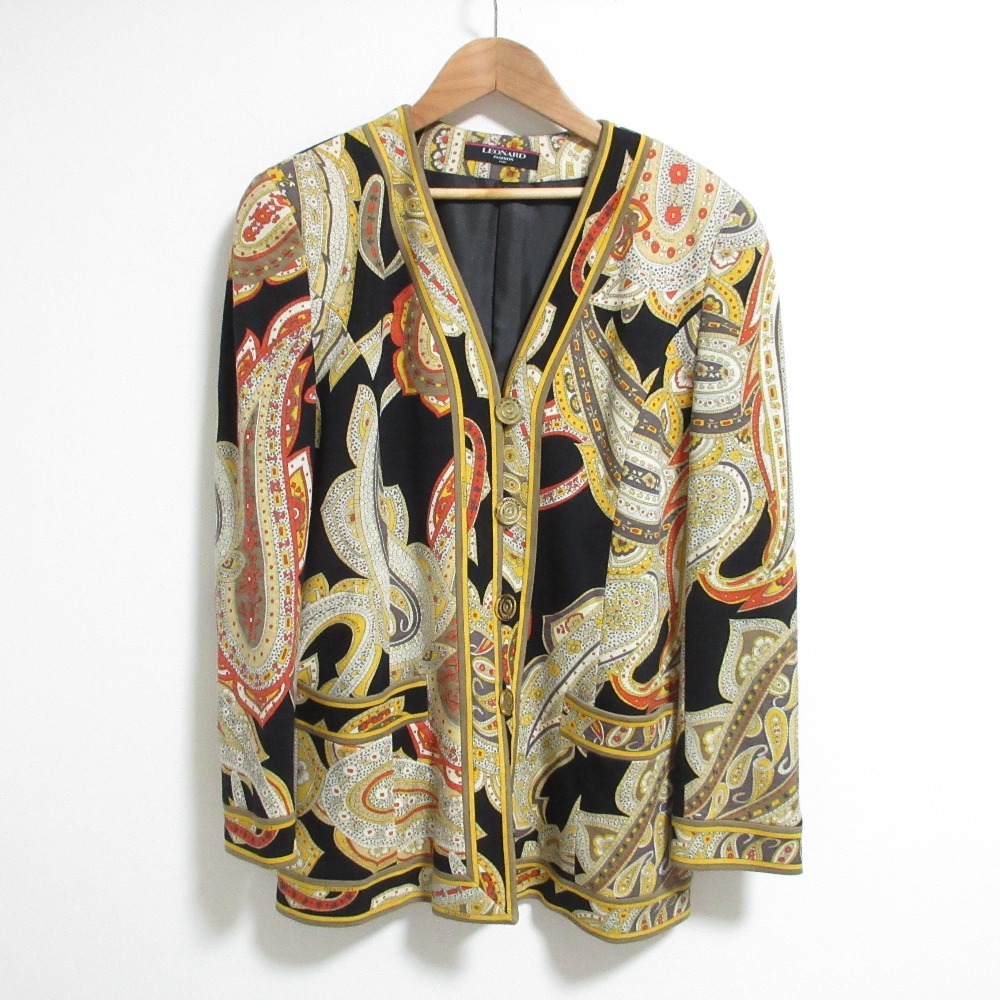 【中古】良品 LEONARD FASHION レオナールファッション ペイズリー柄 ノーカラージャケット 11AR ブラック マルチカラー レディース Luxs ブランド古着のリュクス|Luxs(ブランド古着のリュクス)