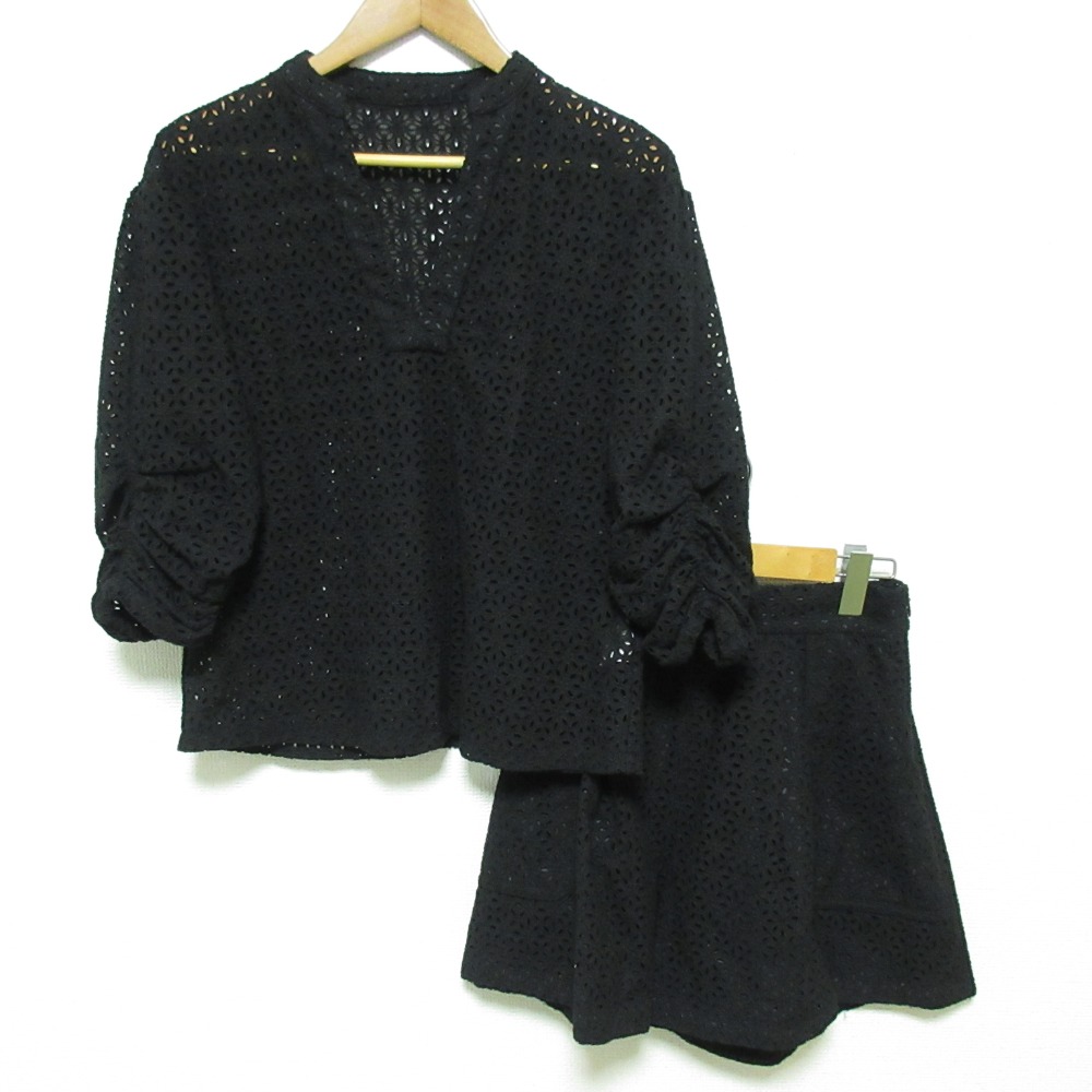 【中古】美品 OBLI オブリ コットンレースブラウス コットンレースショートパンツ セットアップ サイズF ブラック レディース Luxs ブランド古着のリュクス|Luxs(ブランド古着のリュクス)