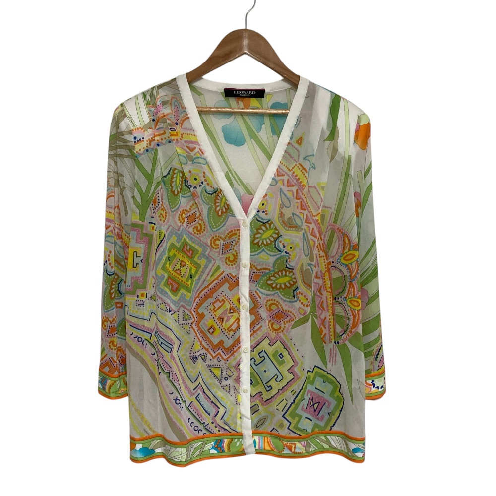 【中古】美品 LEONARD FASHION レオナールファッション フラワープリント カンカンストレッチ シアーニットカーディガン サイズ38 ホワイト レディース Luxs ブランド古着のリュクス｜Luxs（ブランド古着のリュクス）