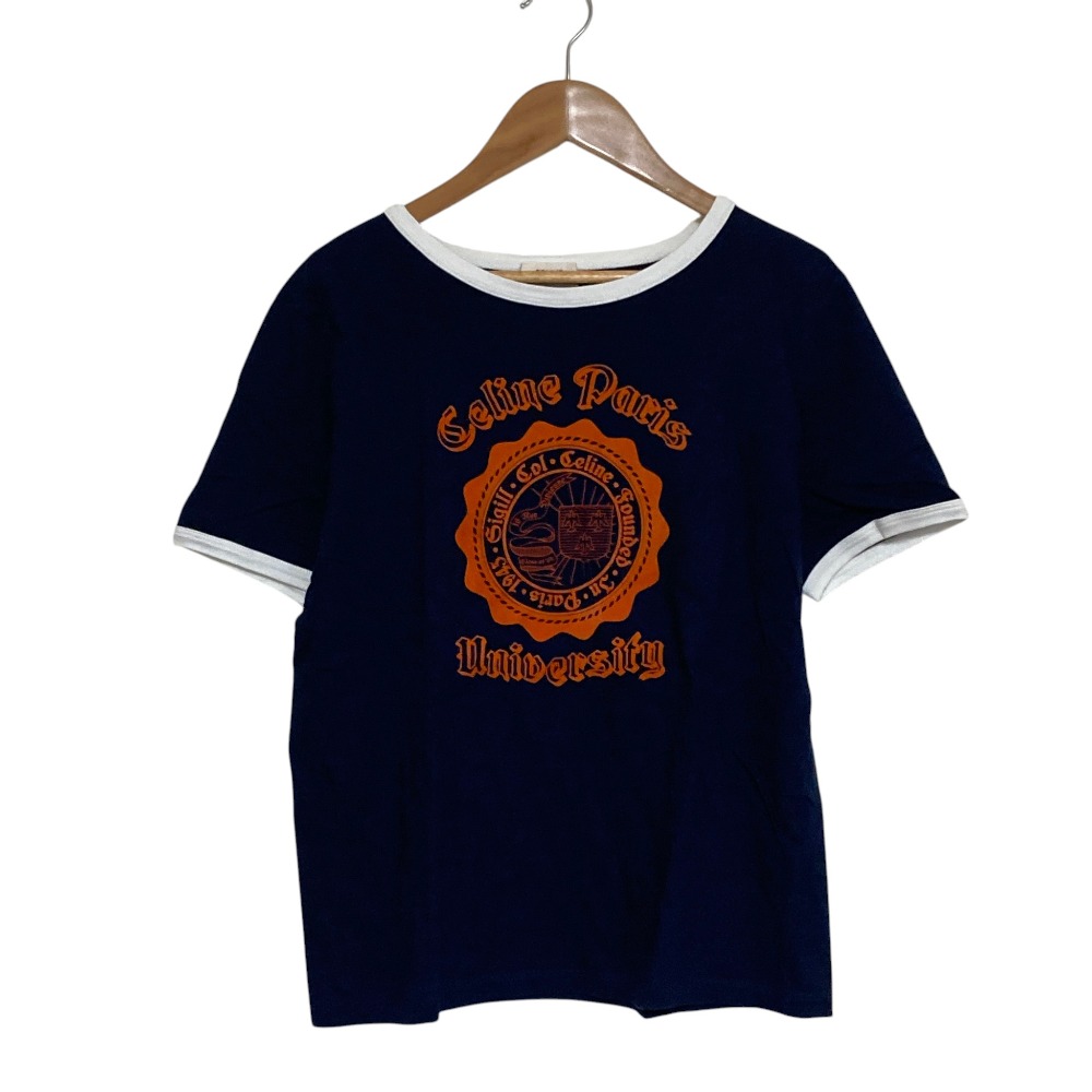 【中古】美品 CELINE セリーヌ ロゴ フロッキープリント カレッジ リンガーTシャツ 2X407734K サイズS ネイビー レディース Luxs ブランド古着のリュクス｜Luxs（ブランド古着のリュクス）