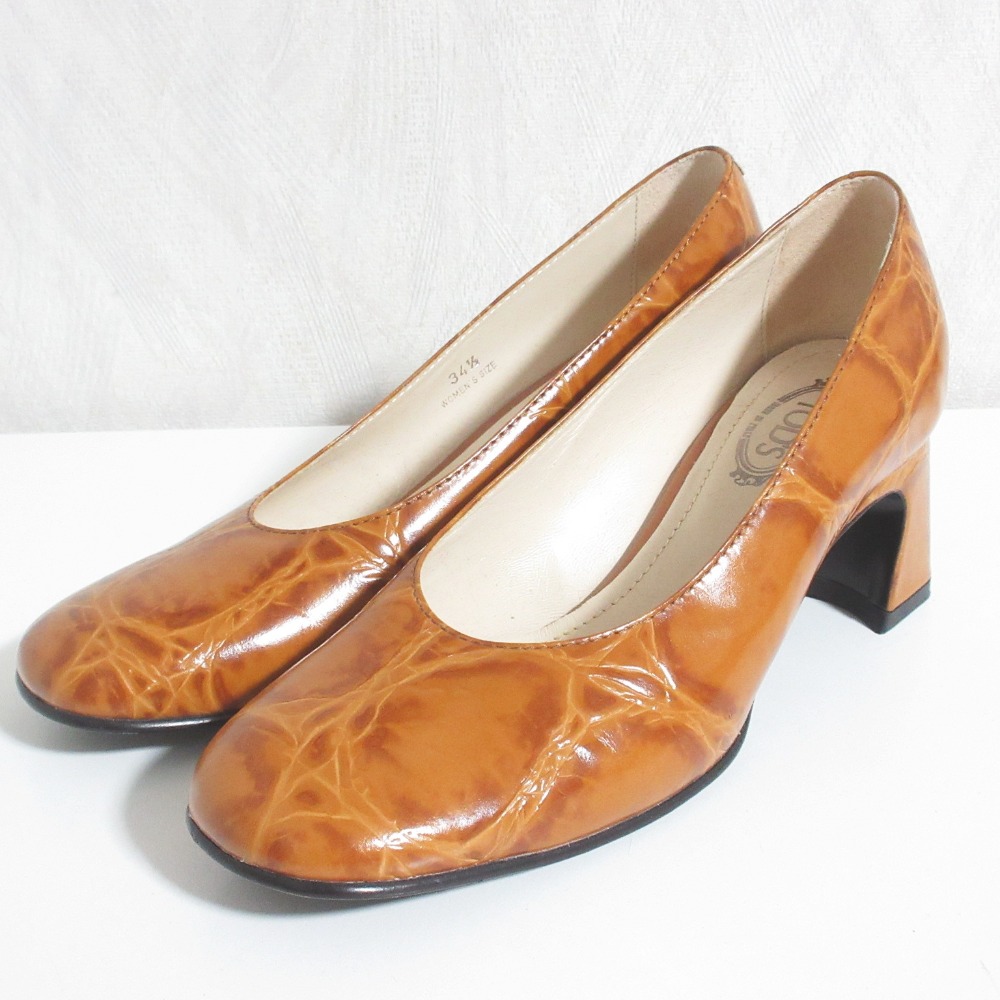 【中古】新品同様 TOD'S トッズ クロコ型押し スクエアトゥパンプス サイズ34.5 21.5cm相当 ブラウン レディース Luxs ブランド古着のリュクス|Luxs(ブランド古着のリュクス)