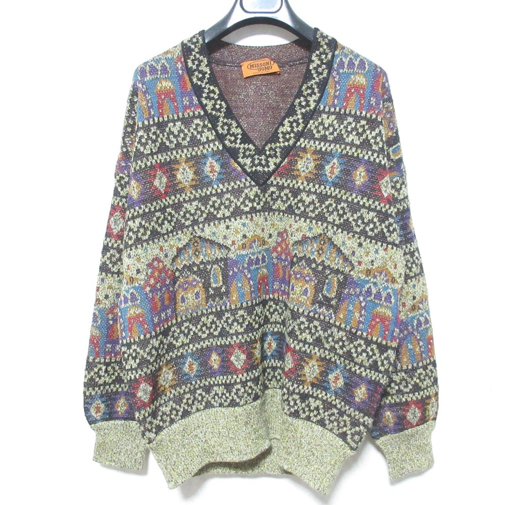 【中古】美品 MISSONI UOMO ミッソーニ ウォモ ヴィンテージ 総柄 Vネック アルパカ混 ウールニットセーター サイズ48 ベージュ ブラック メンズ Luxs ブランド古着のリュクス|Luxs(ブランド古着のリュクス)
