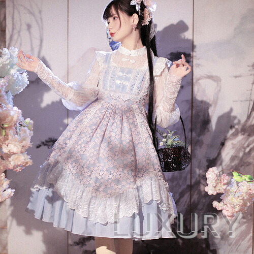 華ロリジャンスカ 春夏 ミディアム ドレス ブルー レース お花モチーフ 刺しゅう かわいい きれいめ 上品 エレガント 宮廷風 中国風 チャイナ フレア 大きいサイズ サイズ豊富 ワンピ ゴスロリ ロリータファッション｜LUXURY