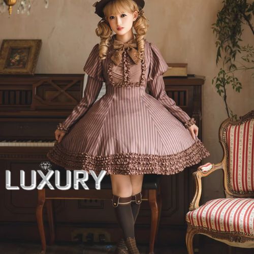 【納期40日】クラロリ ワンピース +リボンブローチ のみ チョコレート 長袖 ミニ丈 ショート丈 膝上 レトロ スウィート 優雅 秋冬コーデ お茶会 デイリー